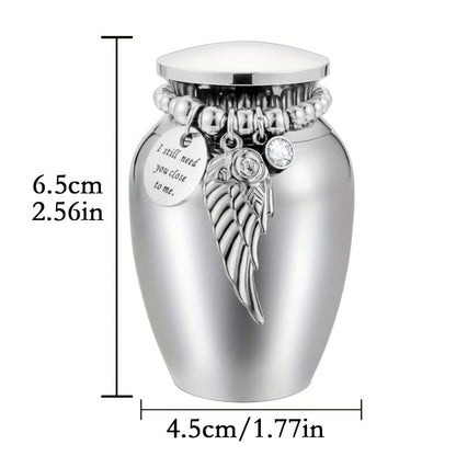 Mini Keepsake Cremation Urn with Wing Charm – 2.56 Inch Aluminum Alloy Memorial Ash Holder with I Am Always with You Engraving, Small Human Ashes Urn for Remembrance & Sympathy Gift, Silver