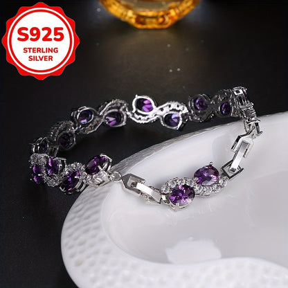 Bracelet chaîne en argent sterling 925 avec zircone cubique ovale violette pour femme – Bracelet de luxe étincelant en zircone cubique, cadeau de bijoux élégant pour anniversaire et fête