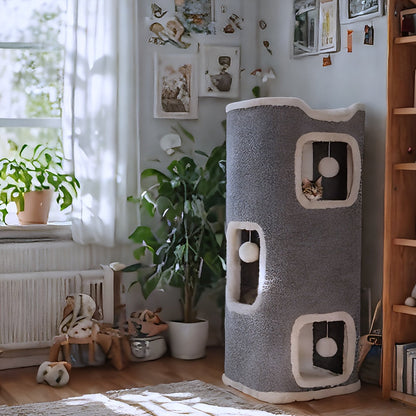 Arbre à chat pliable à plusieurs niveaux pour chats d'intérieur - Maison pour chat résistante aux griffures avec couchage douillet, cachette et balles à grelots, meuble pour chat de 1 à 3 étages pour grimper, jouer et se reposer