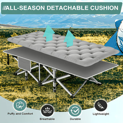 Lit de camp pliant portatif pour adultes - Tissu Oxford double épaisseur, très résistant 225/270/320 kg, lit de camping extérieur pliable avec sac de transport pour la plage, la sieste, les voyages, noir et gris