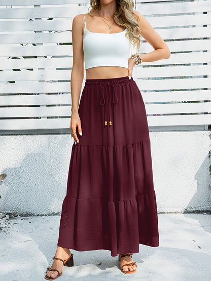Women's High Waist Pleated Long Skirt A-Line Flowy Drawstring Pocket Maxi Skirt Beach Summer Casual Green Black Navy Orange S-XXL