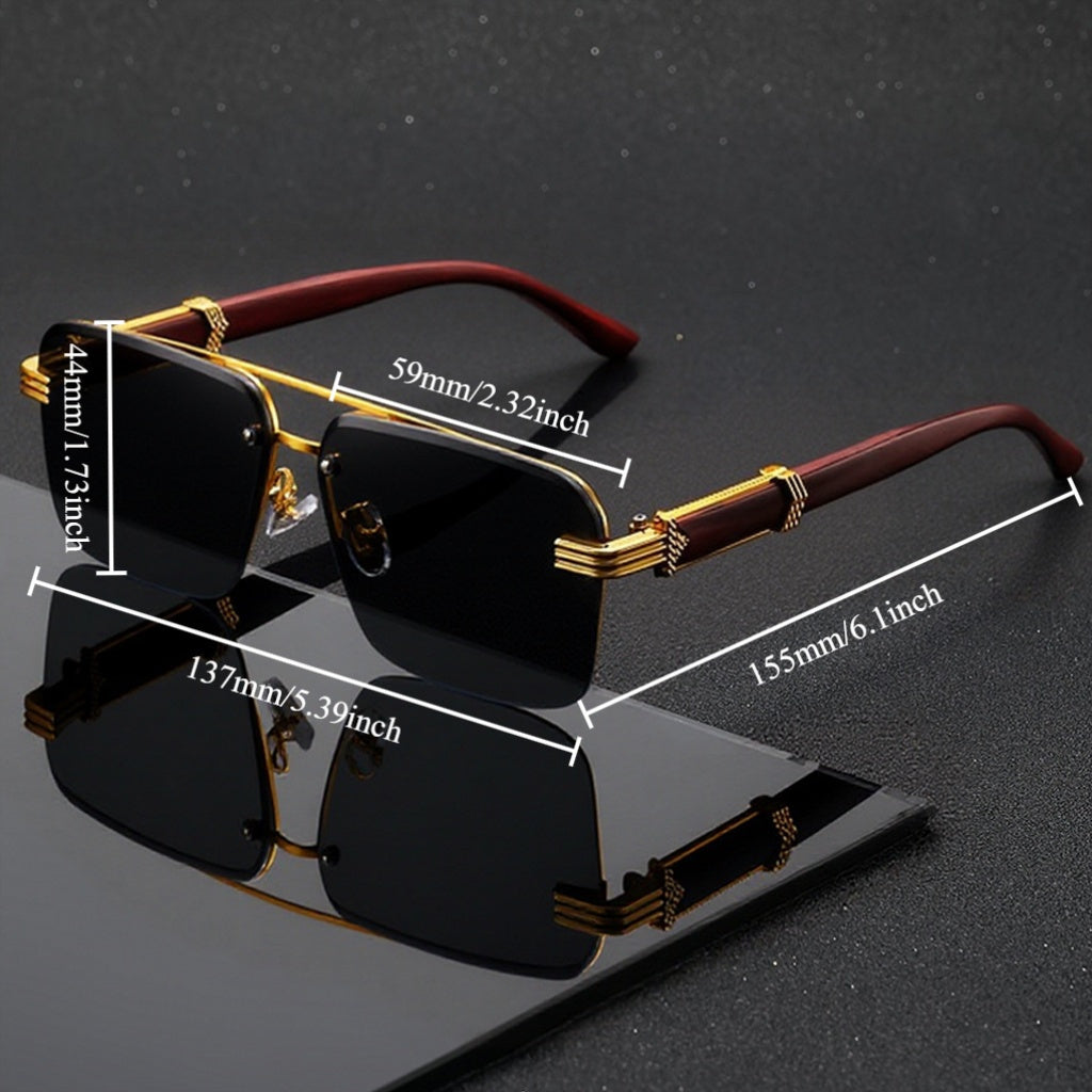 Lunettes de vue homme semi-cerclées style affaires – Monture en métal légère avec embouts de branches effet bois, lunettes fantaisie sans correction pour le bureau, la conduite, les voyages et le quotidien