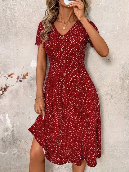 Women's V-Neck Button Waist-Cinching A-Line Swing Dress Flowy Print Elegant Tea Party Valentine's Day Spring Summer Casual Dress Black Red S-XXL