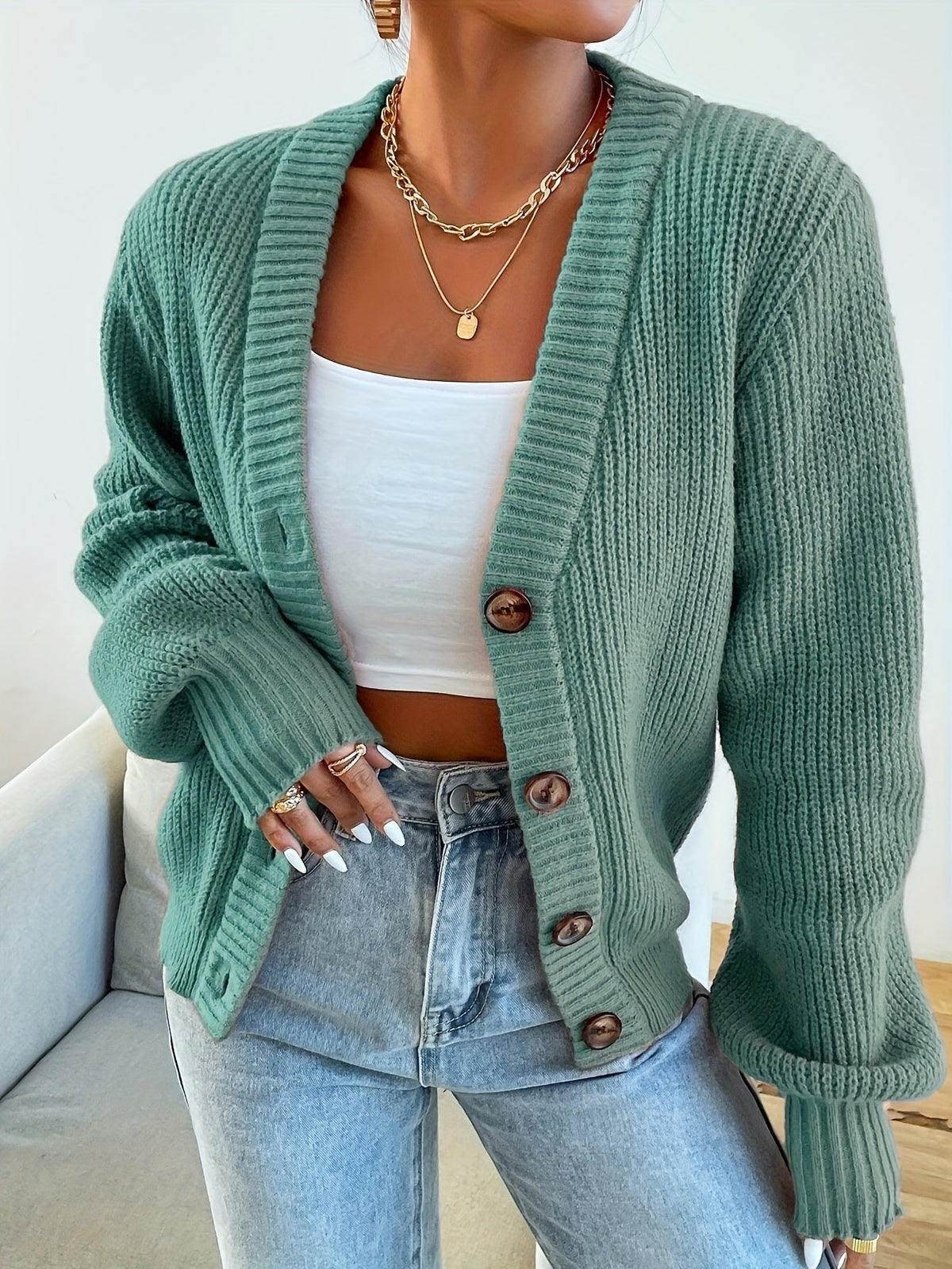 Gilet en maille côtelée pour femme, col en V boutonné à manches longues - Pull ample olive, gilet décontracté et confortable pour l'automne et l'hiver, tailles S-XXL