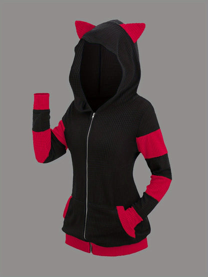 Veste à capuche avec oreilles de chat pour femme, sweat-shirt mi-long à fermeture éclair, style color-block, automne-hiver – Vêtement d'extérieur décontracté, chaud et épais, S-XXL