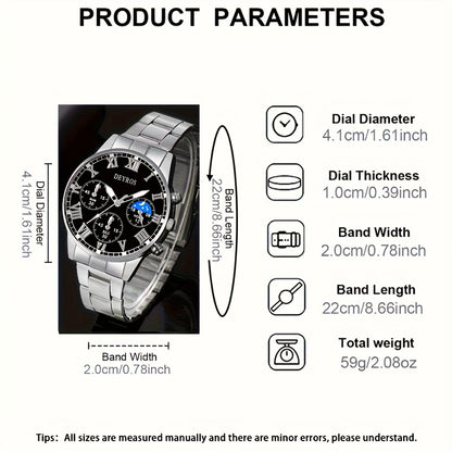Ensemble montre chronographe à quartz pour homme en acier inoxydable avec collier et bracelet – Coffret cadeau bijoux 3 pièces avec heure universelle, style business pour événements formels professionnels