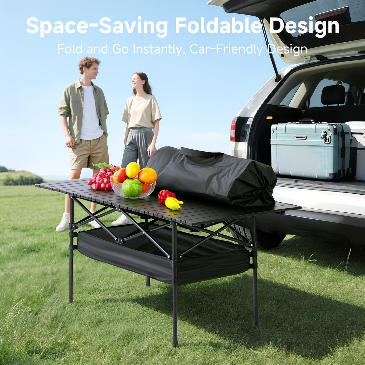 Table de camping pliante portable en aluminium, légère, pour pique-nique en plein air, avec filet de rangement et sac de transport – Hauteur réglable 95 cm, facile à ranger, pour camping, plage, jardin, barbecue, fête et terrasse