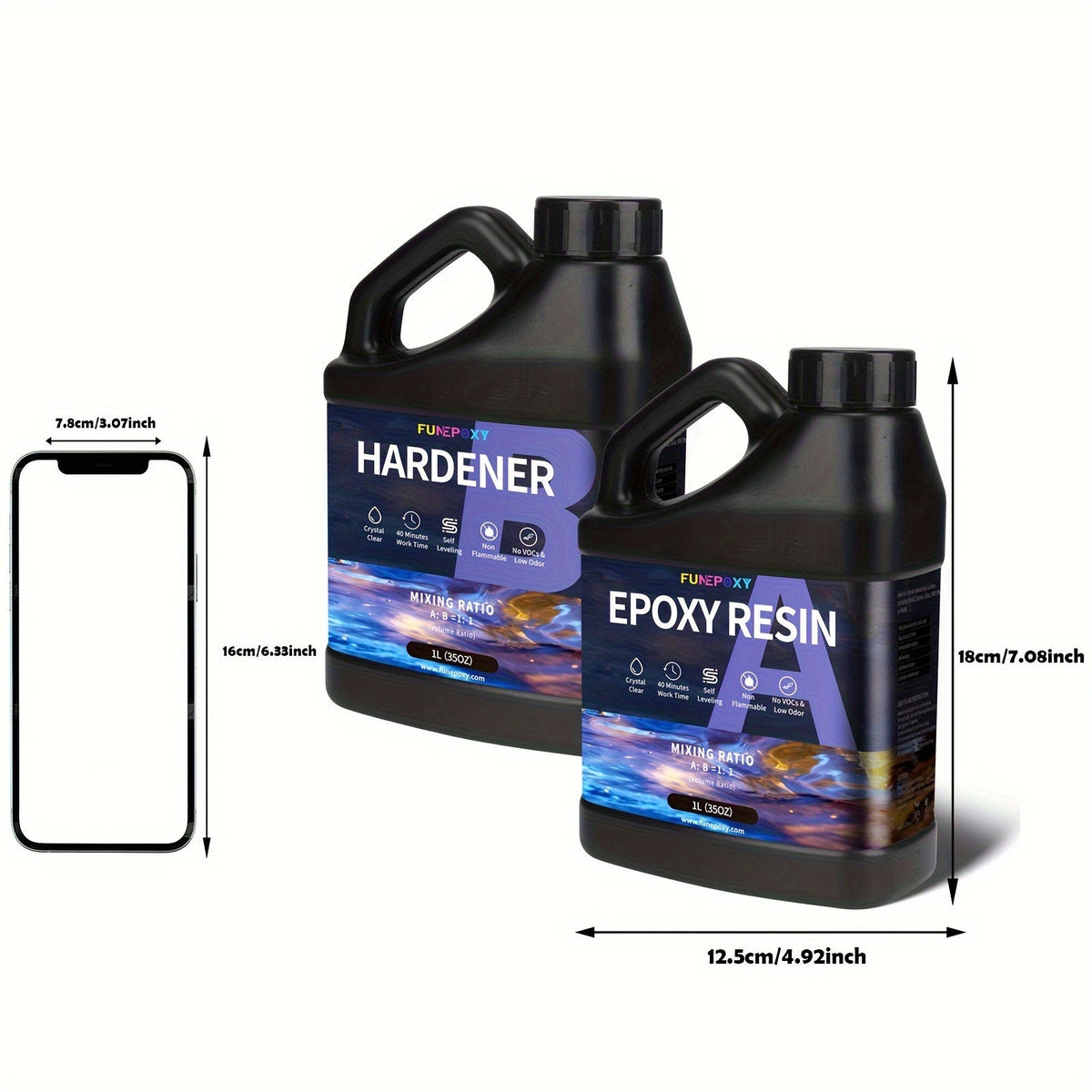 Kit de résine époxy cristalline FUNEPOXY, rapport 1:1, autonivelante, fini ultra-brillant pour dessus de table, comptoirs de bar, tables à bord brut, résine de coulage, création de bijoux, 16oz, 32oz, 64oz, 1 gallon, 2 gallons