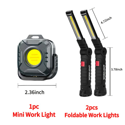 Lampe de travail LED COB rechargeable avec base magnétique – Lampe de poche portable de camping 1000 lumens, 5 modes, USB-C, lampe suspendue pour garage, jardin, urgence et extérieur, lot de 2/3/4