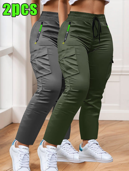 Lot de 2 pantalons cargo pour femme – Coupe ajustée, jambe droite, poches multiples – Taille à cordon, poches zippées, pantalon décontracté pour le travail en extérieur et le quotidien, XS-XXL