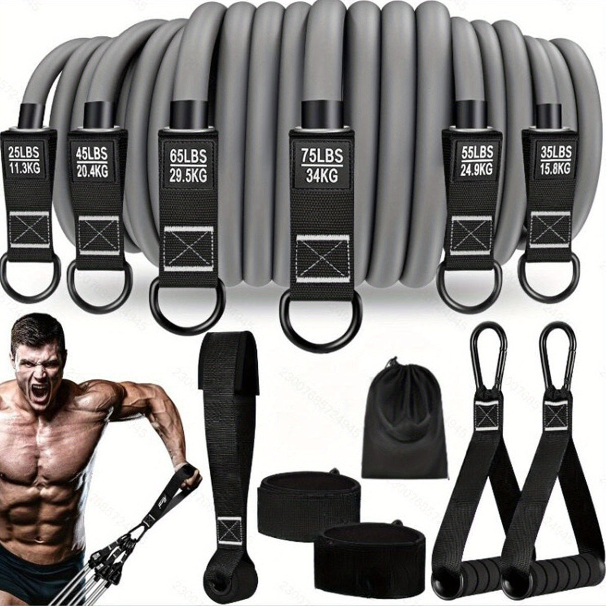 Ensemble de bandes de résistance robustes de 136 kg, kit de musculation pour salle de sport à domicile avec poignées, ancrage de porte et sangles de cheville, entraînement complet du corps pour le renforcement musculaire, la tonification et la rééducation