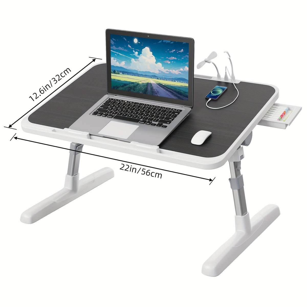 Plateau de lit pour ordinateur portable avec lampe USB, ventilateur et tiroir – Support d'ordinateur portable portable et réglable pour lit, canapé, bureau pour lire, écrire, manger, 10 couleurs et tailles