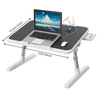 Plateau de lit pour ordinateur portable avec lampe USB, ventilateur et tiroir – Support d'ordinateur portable portable et réglable pour lit, canapé, bureau pour lire, écrire, manger, 10 couleurs et tailles