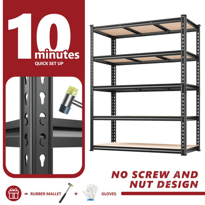 Étagère de rangement robuste en métal à 5 niveaux pour garage, 907 kg (2000 lb) – Étagère de rangement en acier réglable de 152 à 183 cm pour garage, sous-sol, garde-manger, cuisine et entrepôt, assemblage sans outils, noir