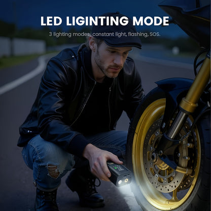 Gonfleur de pneu portable 210 PSI sans fil avec manomètre numérique, batterie rechargeable et lampe LED – Pompe à air sans fil pour voiture, moto, vélo et ballons de sport – Velora