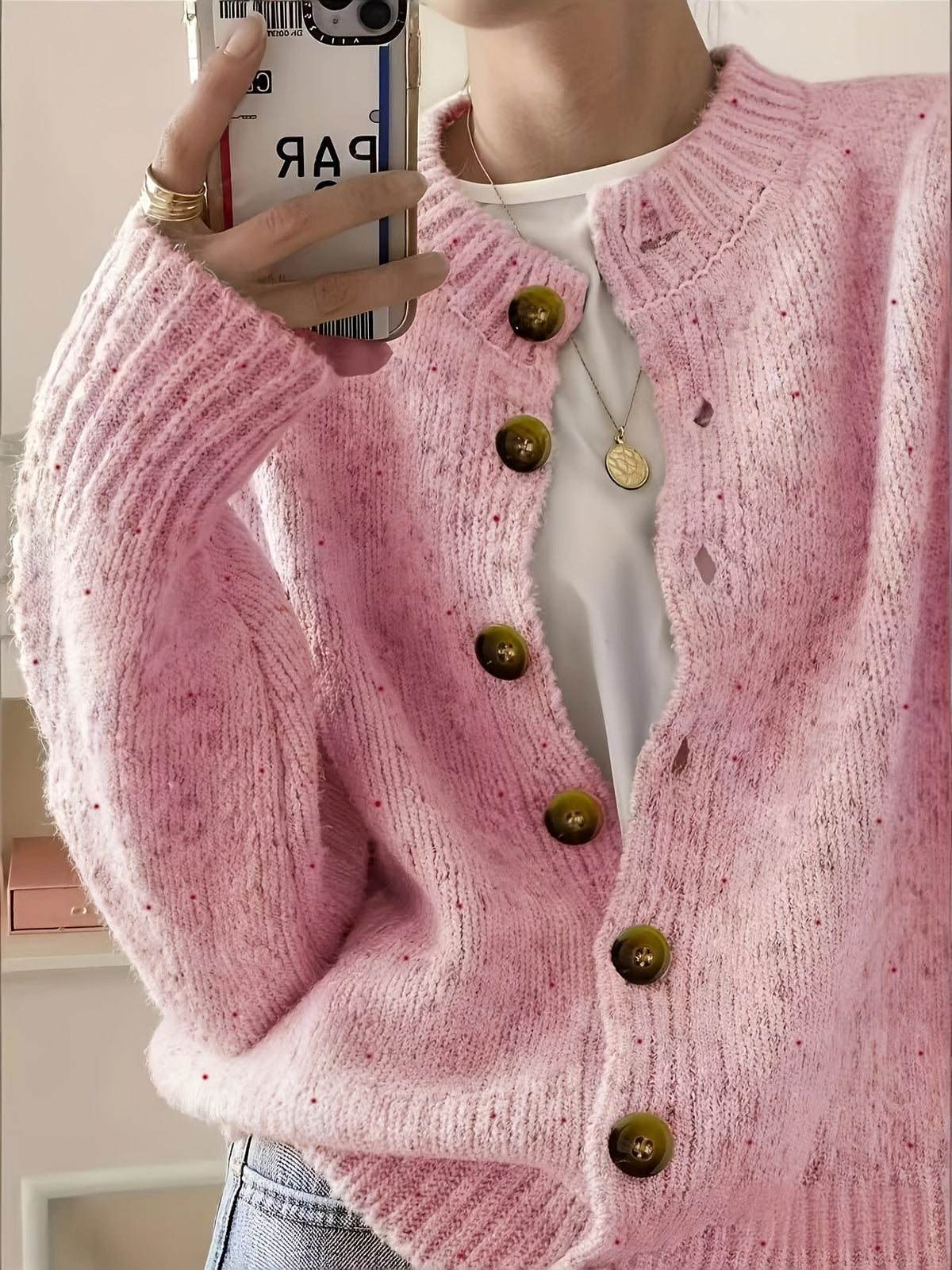 Cardigan décontracté pour femme à boutons, manches longues, col rond, maille colorée | Haut élégant et léger en tissu extensible à motif pois bonbon, tailles S M L XL