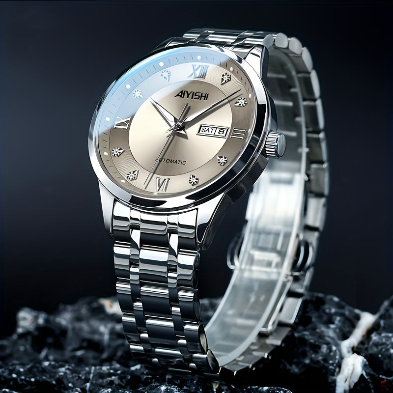 Montre à quartz de luxe pour homme, cadran tourbillon en acier inoxydable, affichage de la date, luminescence nocturne, montre sport et habillée, garde-temps élégant, cadeau de fête des pères pour homme