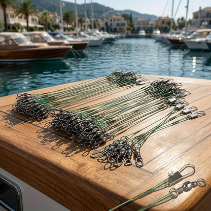 Lot de 100 bas de ligne de pêche en acier inoxydable avec émerillons et agrafes – Bas de ligne anti-morsure, résistance de 10 à 44 lb pour pêche en eau douce et en mer