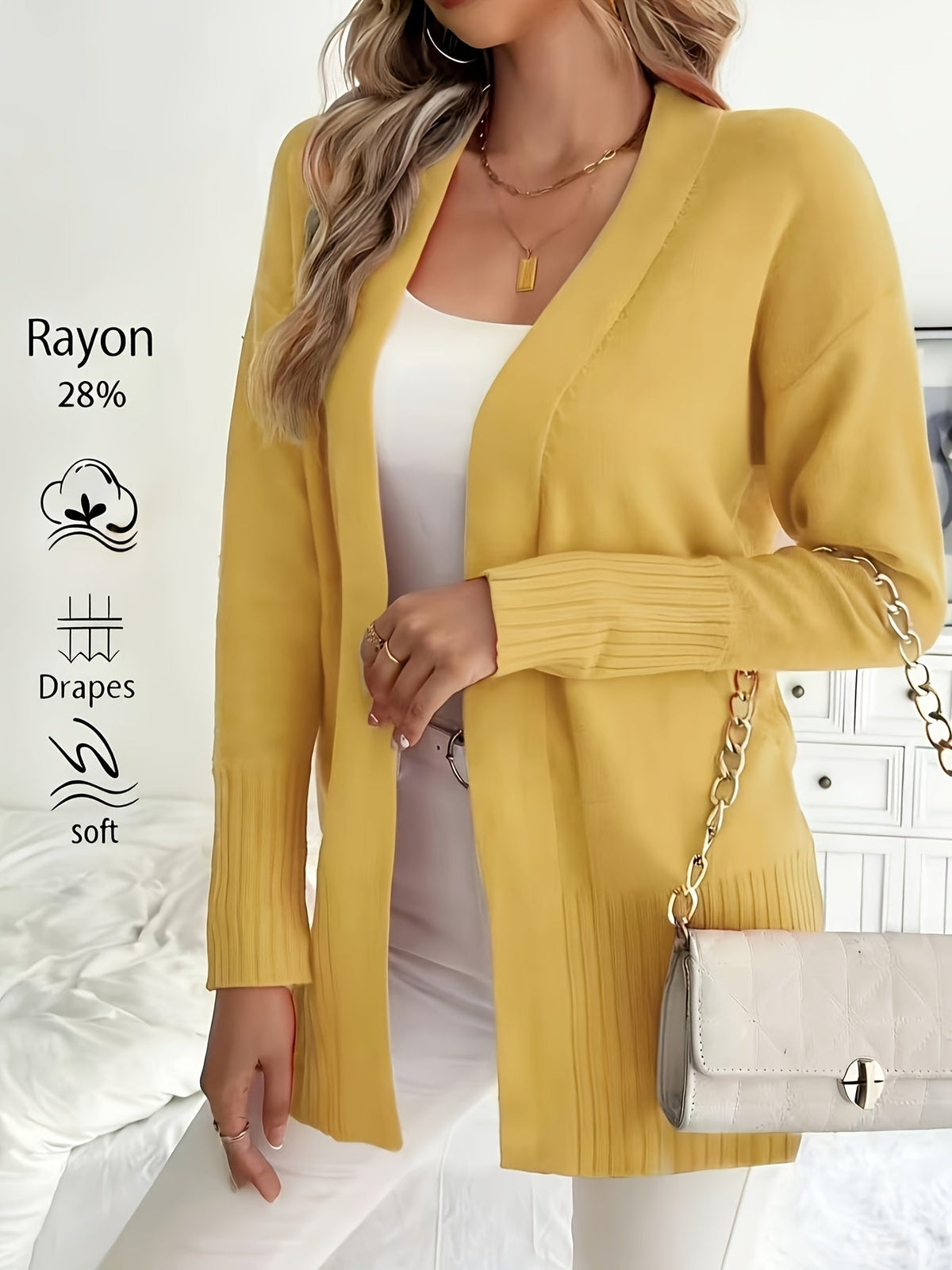 Gilet long femme à col en V et épaules tombantes – Maille douce coupe ample, disponible en 16 coloris pour l'automne et l'hiver, 46 % acrylique, 28 % viscose, 26 % nylon