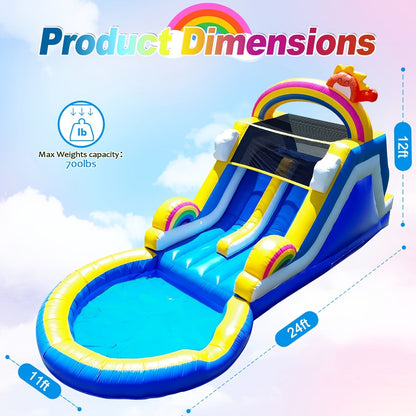 Toboggan aquatique gonflable de 24,5 pi avec soufflerie, toboggan aquatique d'extérieur en PVC de qualité commerciale 24,5x11x12 pi pour enfants et adultes, toboggan pour fête de piscine estivale dans le jardin - robuste, installation facile