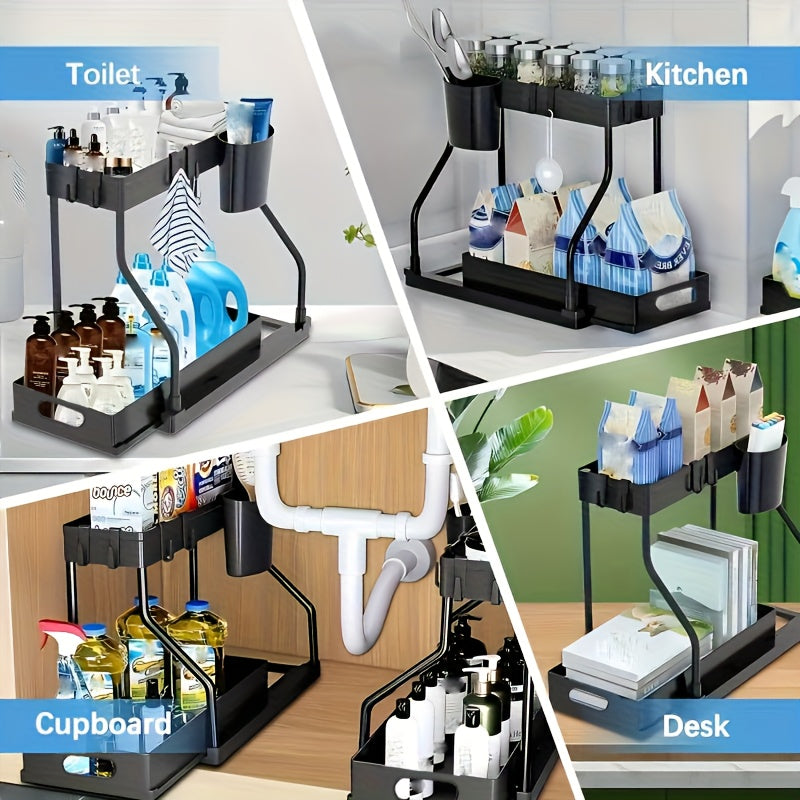 Lot de 2 organisateurs sous évier avec tiroirs coulissants – Rangement de placard durable pour salle de bain et cuisine, rangement vertical gain de place, disponible en noir et blanc