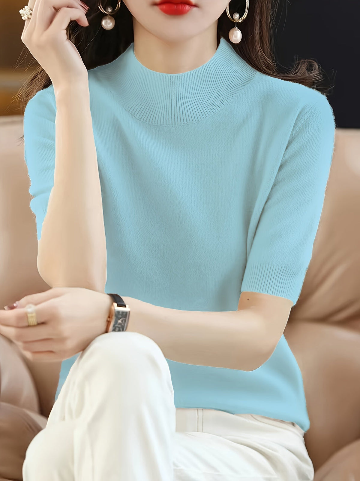 Women's Crew Neck Pullover Sweater Elegant Solid Color Short Knit Top Rib-Trim Stretchy Half-Neck Base Layer Shirt for Women