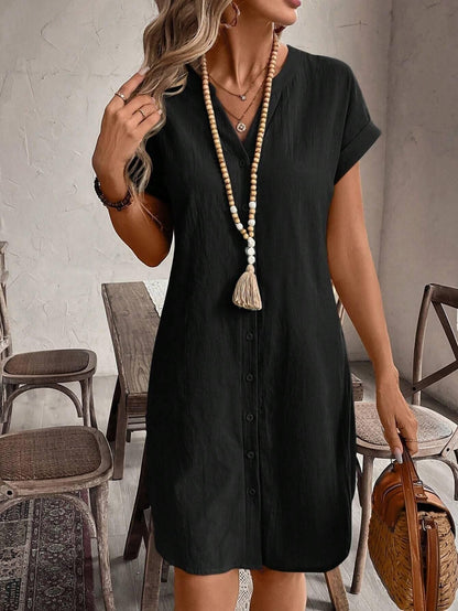 Robe chemisier décontractée à col en V pour femme, coupe ample et boutonnée – Élégante robe d'été unie disponible en 9 couleurs pour le quotidien et les vacances