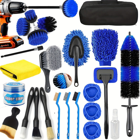26PCS Car Detailing Brush Set Complete Car Cleaning Kit with Drill Brushes Wash Mitt Tire Brush Window Squeegee Cleaning Gel Spray Bottle for Interior Exterior Wheels Windshield Professional Auto Care