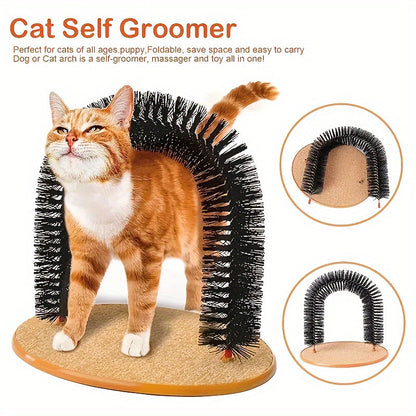 Brosse de massage et arc de toilettage pour chat - Jouet interactif à gratter pour chat, brosse de coin auto-nettoyante, retire les poils morts et satisfait l'instinct de frottement, sans piles requises