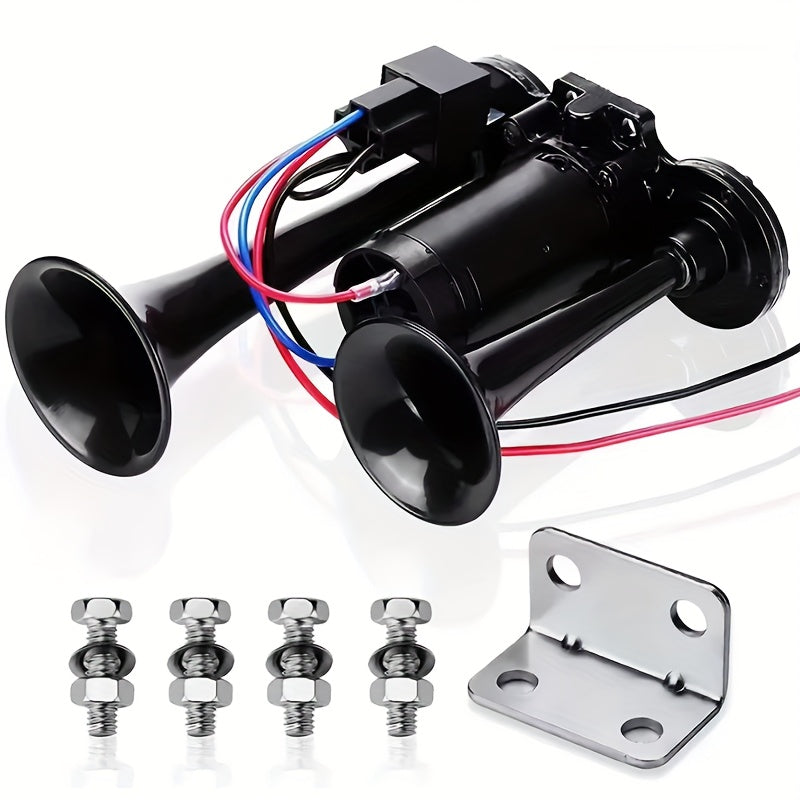 Avertisseur sonore double tube ultra-puissant 130 dB 12 V/24 V – Alliage d'aluminium avec compresseur, installation rapide pour camions, SUV, motos, bateaux et véhicules tout-terrain