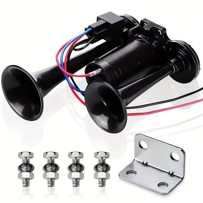 Avertisseur sonore double tube ultra-puissant 130 dB 12 V/24 V – Alliage d'aluminium avec compresseur, installation rapide pour camions, SUV, motos, bateaux et véhicules tout-terrain