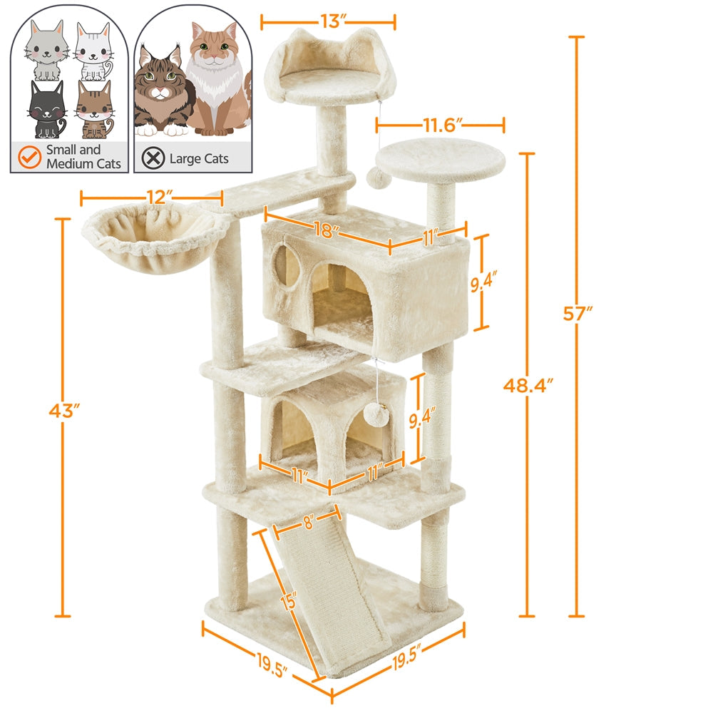 Arbre à chat multiniveaux de 145 cm avec 2 niches – poteaux à griffer en sisal, balle suspendue, plateforme ronde et échelle pour chatons et petits chats d'intérieur, 6 couleurs, cadeau de Noël pour les amoureux des chats