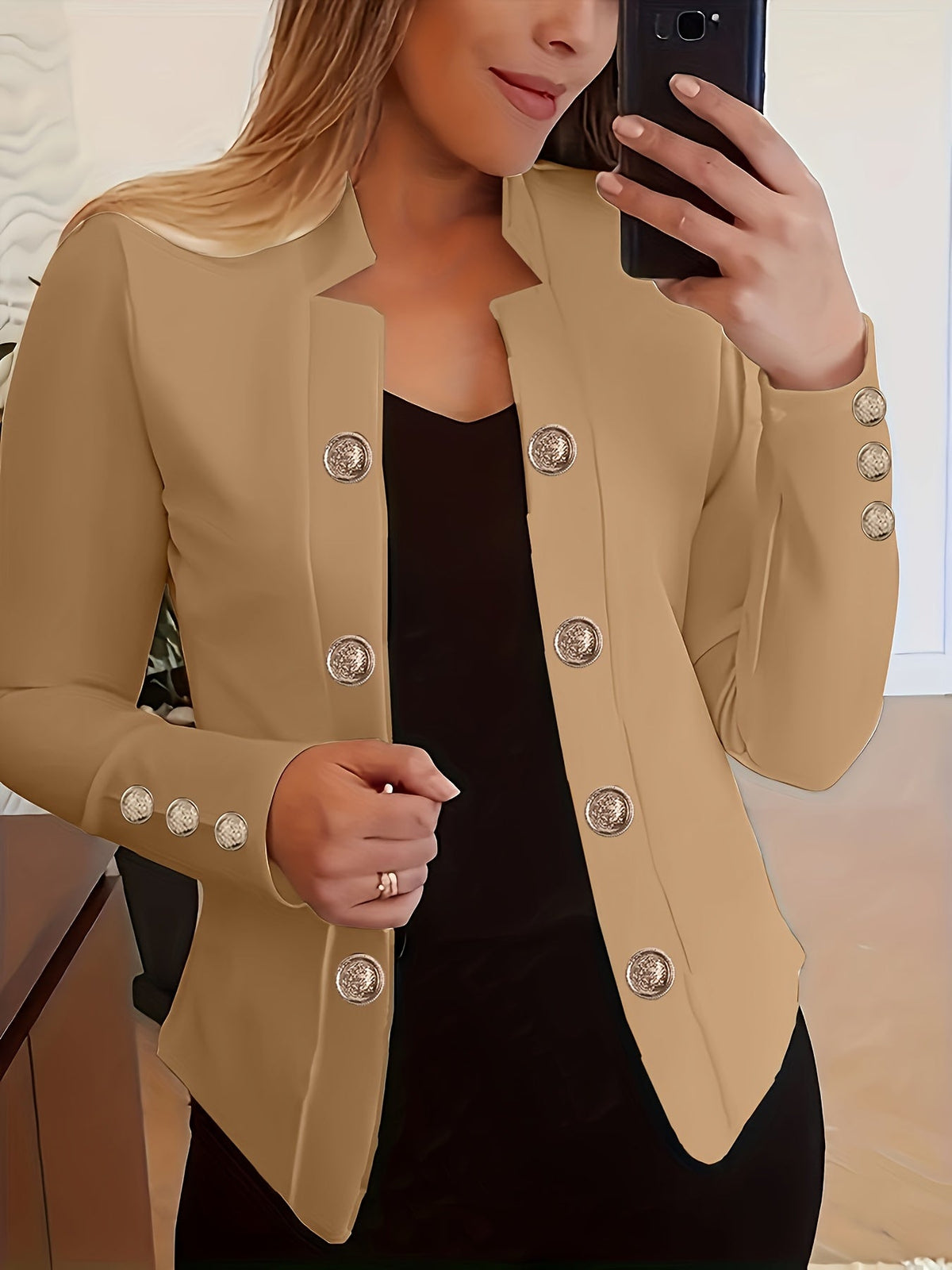 Veste cardigan femme à double boutonnage – Blazer à manches longues à revers, couleur unie, pour le printemps, l'automne et toutes les saisons