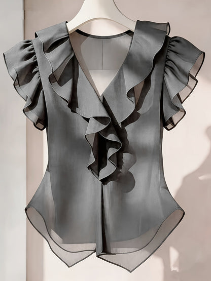 Haut femme en mousseline à manches courtes et volants – Chemisier d'été décontracté coupe évasée, couleur unie, disponible en 21 coloris, 100 % polyester tissé