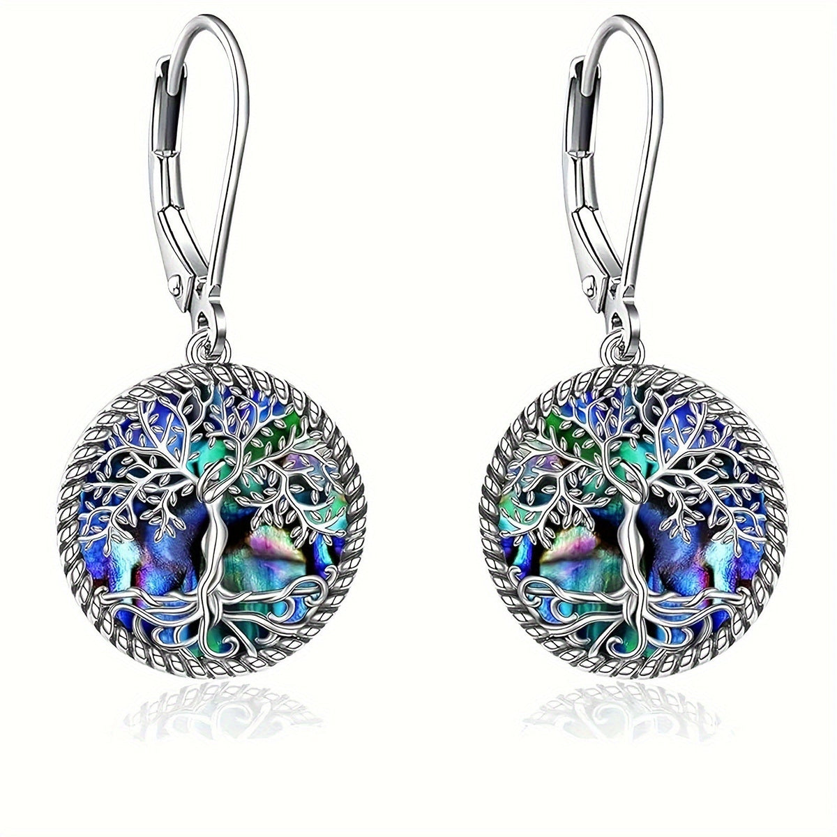 Boucles d'oreilles pendantes Arbre de vie en argent sterling 925 et nacre d'ormeau pour femme – Parure de bijoux spirituels bohèmes