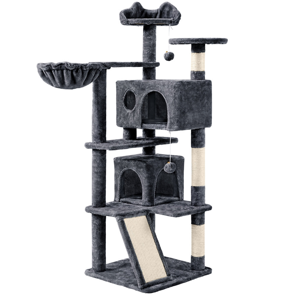 Arbre à chat multiniveaux de 145 cm avec 2 niches – poteaux à griffer en sisal, balle suspendue, plateforme ronde et échelle pour chatons et petits chats d'intérieur, 6 couleurs, cadeau de Noël pour les amoureux des chats