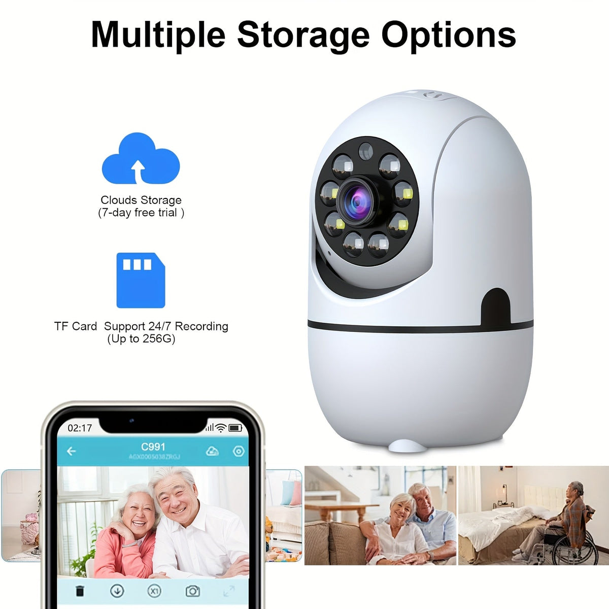 Pack de 4 caméras de sécurité WiFi d'intérieur, panoramique et inclinaison à 355°, vision nocturne, détection de mouvement, audio bidirectionnel, moniteur pour bébé et animaux – WiFi double bande 2,4 GHz/5 GHz, Cloud, carte SD 256 Go, compatible Alexa