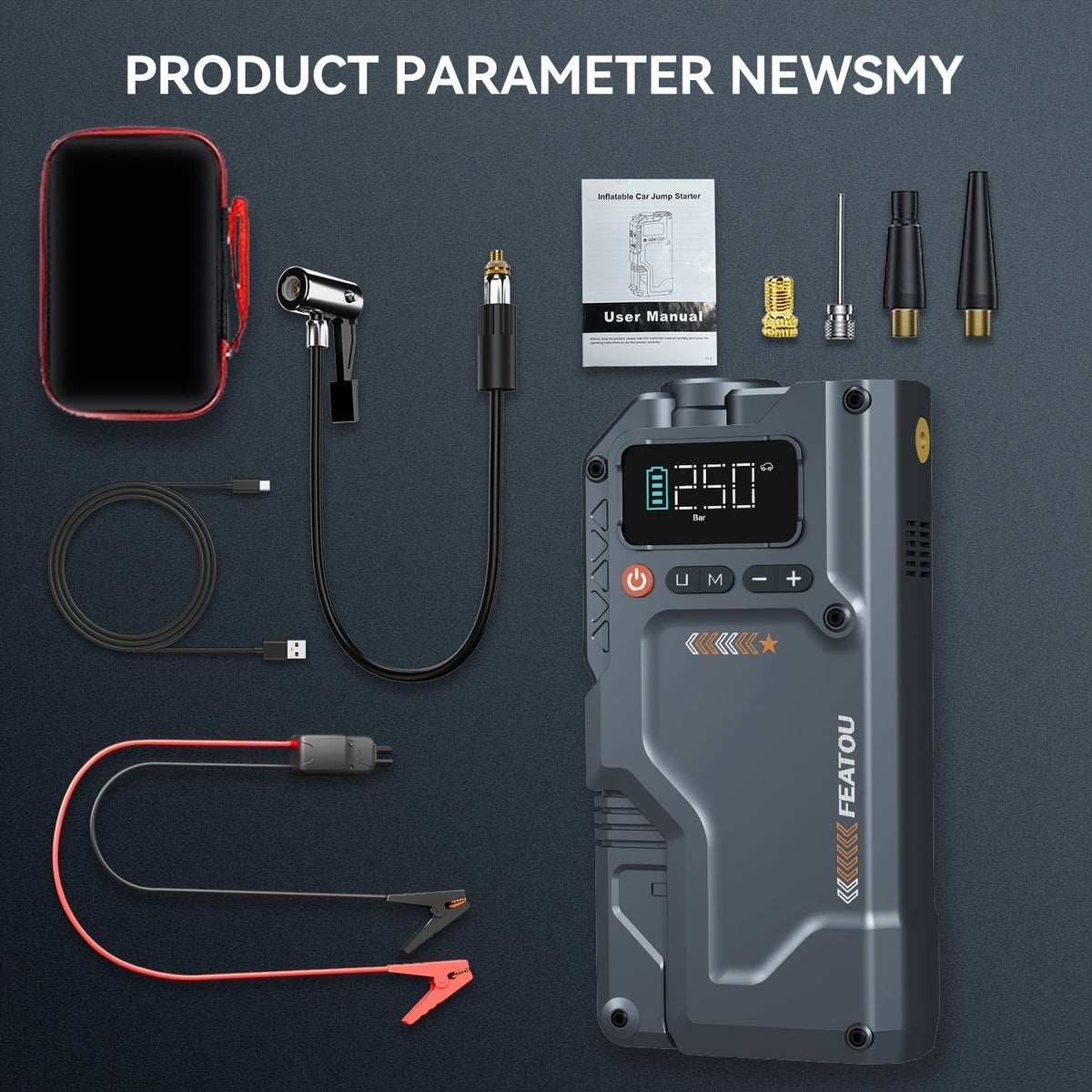 Démarreur portable 6000 A/9000 A avec compresseur d'air 150 PSI – Boîtier de démarrage 7-en-1 avec gonfleur de pneus numérique et batterie externe pour moteurs à essence (10 L) et diesel (9,0 L), démarreur de voiture avec ports USB