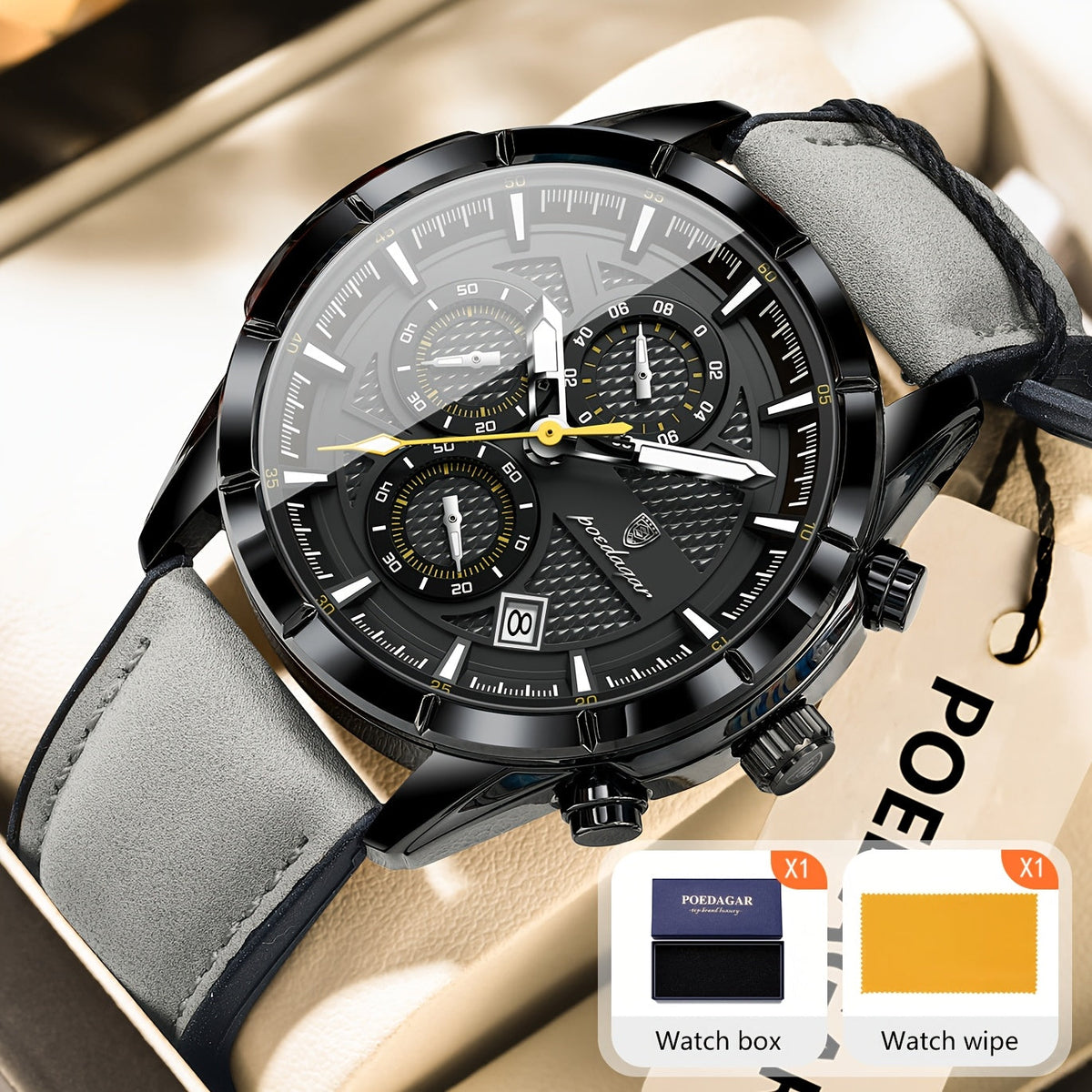 Montre chronographe à quartz étanche pour homme POEDAGAR avec bracelet en cuir luminescent – Montre-bracelet décontractée et sportive avec calendrier, cadeau pour homme, noir marron noir