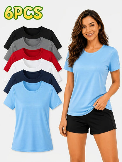 Lot de 6 t-shirts de sport pour femme, respirants, anti-transpirants et doux pour la peau, parfaits pour le sport en extérieur, la salle de gym ou le quotidien – Couleurs assorties, tailles XS-XXL