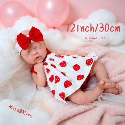 Poupée bébé en silicone plein corps 12 pouces, poupée nouveau-né réaliste avec peau douce au toucher réel, yeux fermés - inclut vêtements, biberon, tétine et carte de naissance, cadeau pour les fêtes, Noël et anniversaire