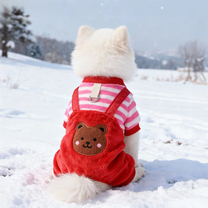 Salopette polaire d'hiver pour petits chiens et chats – Combinaison rayée brodée avec motif ours, vêtements chauds pour animaux avec ouverture pour laisse, tenue confortable pour chiots et chatons pour les promenades en extérieur