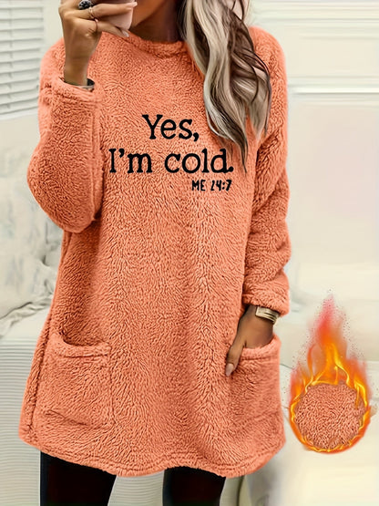 Women's Double-Sided Letter Print Sweatshirt – 100% Polyester Crew Neck Long Sleeve Casual Pullover with Pocket for Fall Winter