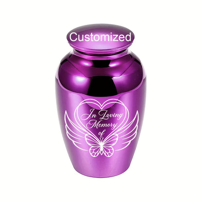Mini urne funéraire personnalisée pour cendres - Urne souvenir en alliage d'aluminium avec motif cœur, ange et papillon pour cendres humaines et d'animaux, petit reliquaire commémoratif, options de couvercle argent, or ou violet