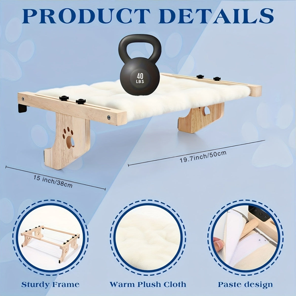 Perchoir et hamac pour chat en bois haut de gamme – Robuste, supporte jusqu'à 18 kg, fixation multi-emplacement pour fenêtre, mur et placard, plateforme extra-large avec coussin moelleux, sans danger pour les grands chats