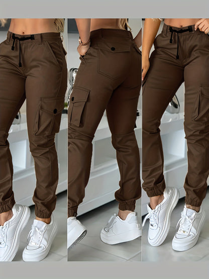 Pantalon cargo jogger taille haute pour femme, coupe ajustée, poches et cordon de serrage, pantalon décontracté cheville, printemps automne, noir kaki gris, XS-XL