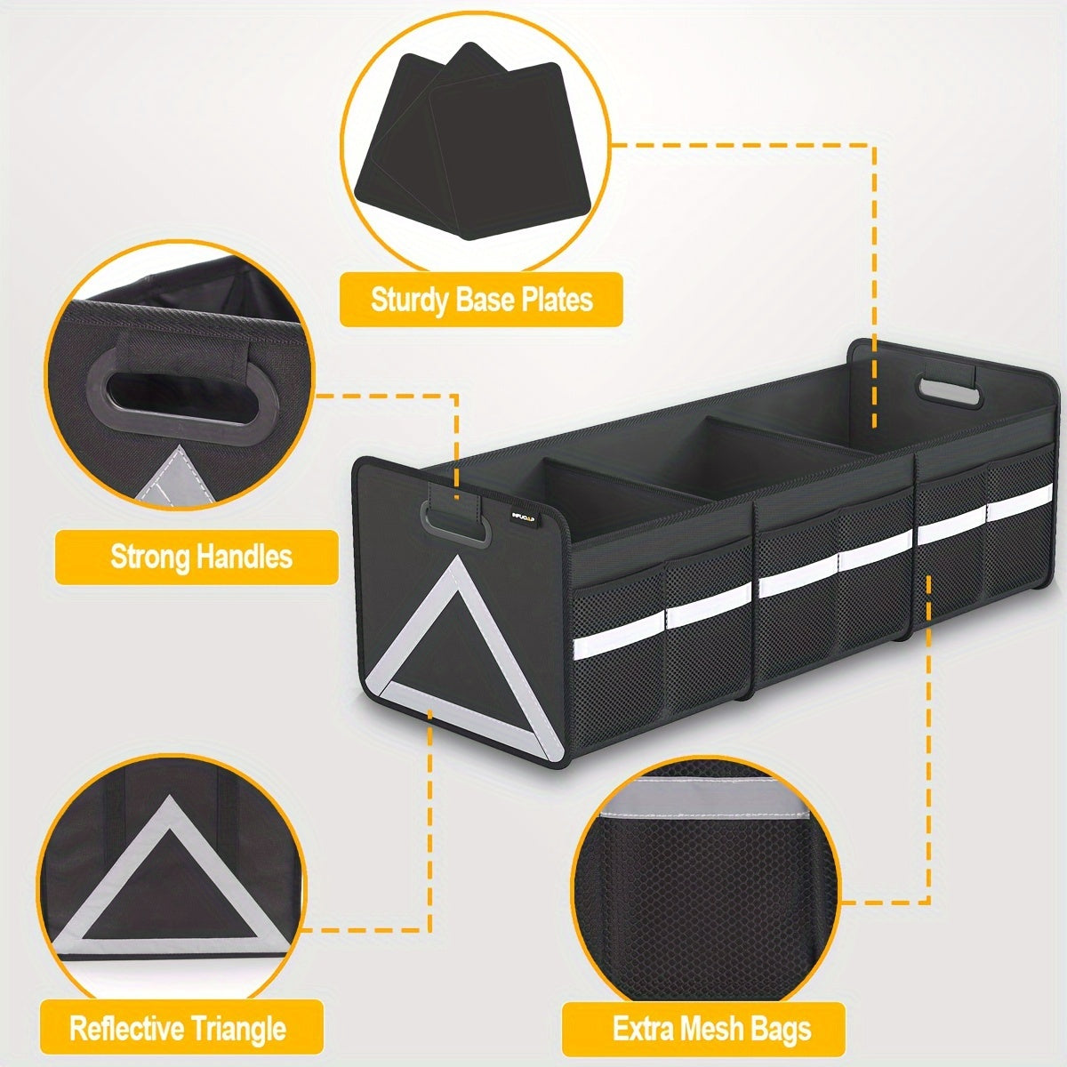 Organisateur de coffre de voiture robuste et pliable avec rangement multi-poches et bande réfléchissante – Gain de place rétractable pour voiture, SUV et monospace – Fermeture éclair sécurisée – Velora
