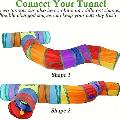 Tunnel pour chat pliable avec balle et ouvertures – Jouet tube arc-en-ciel à 3 voies en forme de S, pliable et connectable pour chats et chatons d'intérieur, configuration de jeu personnalisable