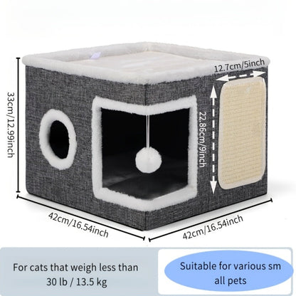 Maison pour chat pliable à 2 niveaux avec griffoir, balle suspendue en peluche et tunnel – Cube de couchage pour chat d'intérieur, structure en nylon et toile, design compact de 42 x 42 x 33 cm pour les petits espaces