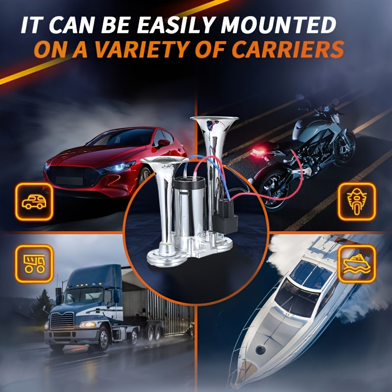 Avertisseur sonore double tube ultra-puissant 130 dB 12 V/24 V – Alliage d'aluminium avec compresseur, installation rapide pour camions, SUV, motos, bateaux et véhicules tout-terrain